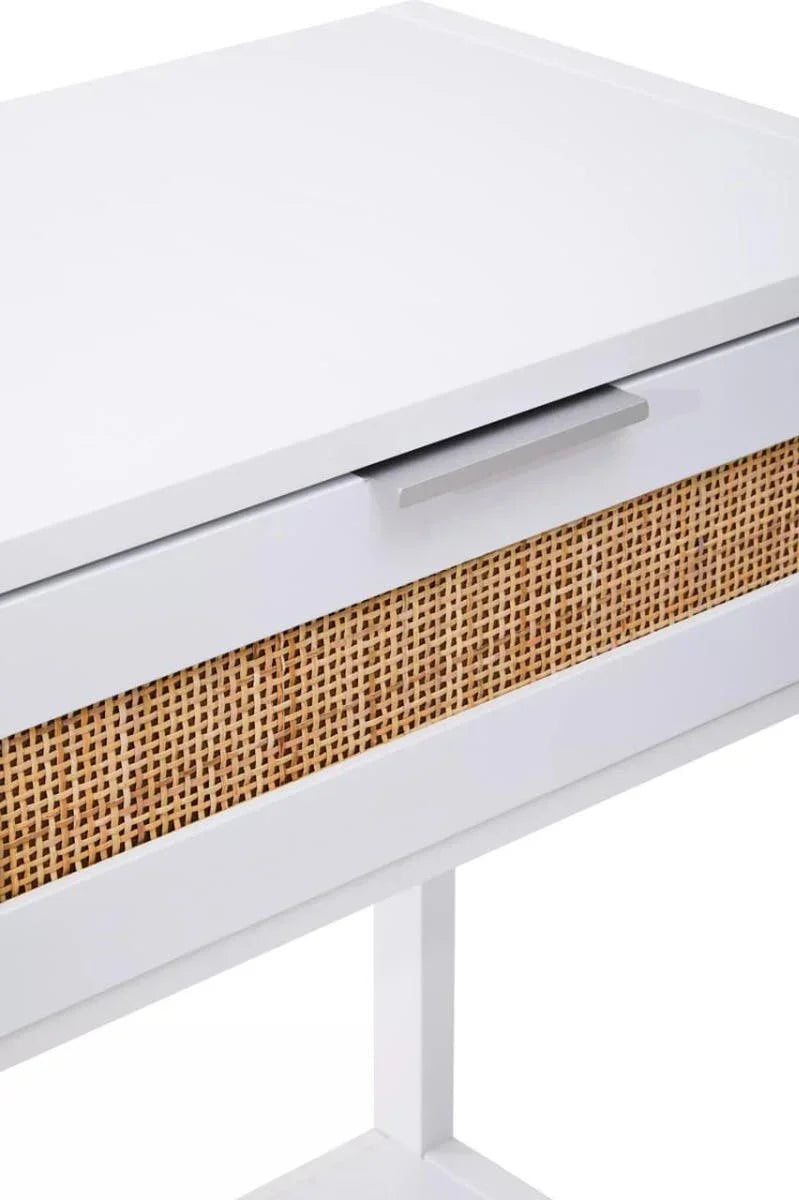 White desk with rattan drawer front and metal handle, modern home office furniture