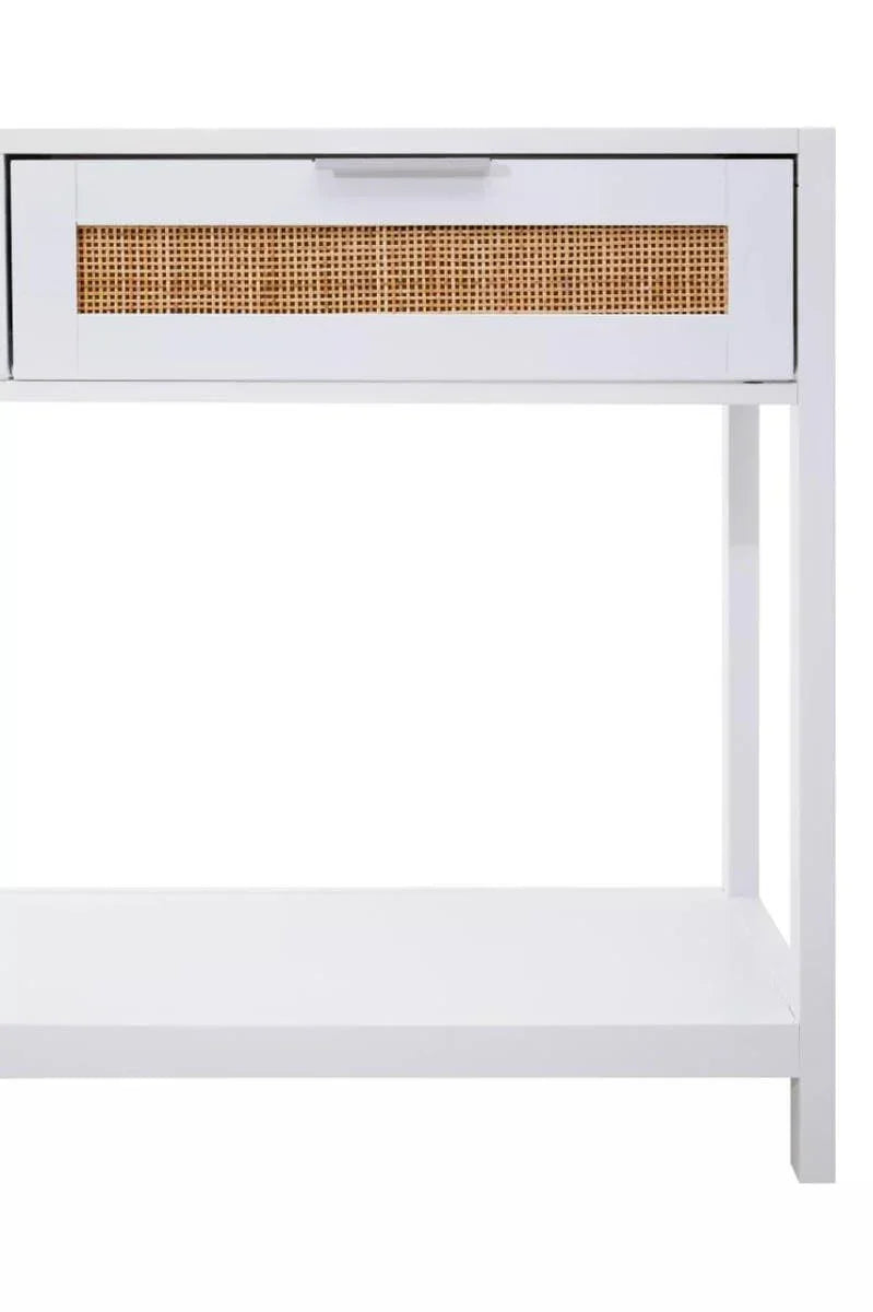 White console table with rattan drawer front and lower shelf