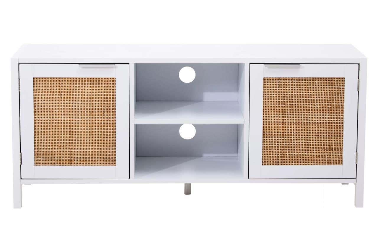 White TV unit with rattan doors and open shelving for media storage