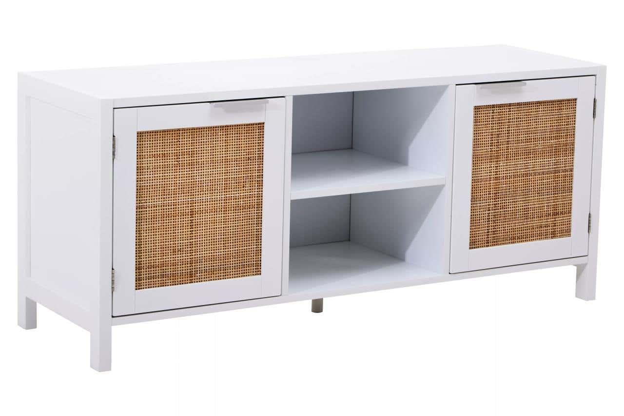 White TV unit with rattan doors and open shelving, modern living room storage cabinet