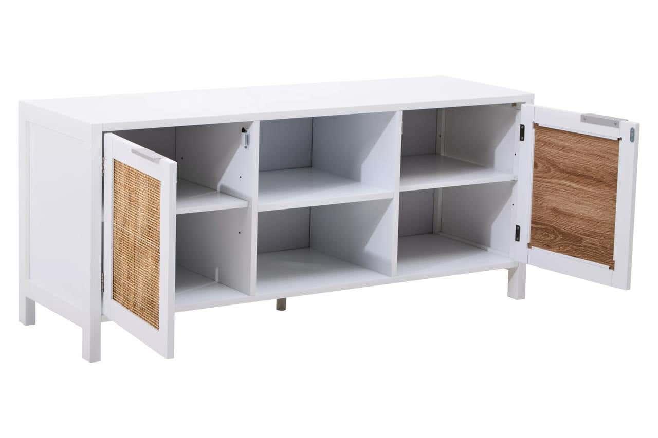 White sideboard unit with open shelving and two doors featuring wood and rattan panels