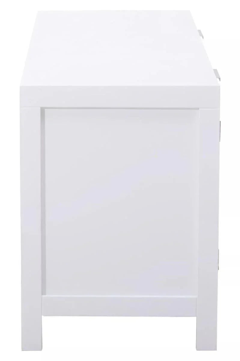 Side view of white storage bench with simple rectangular design