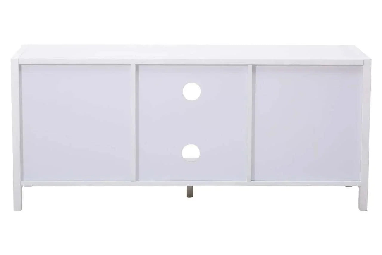 White sideboard cabinet with three sliding doors and circular cut-out handles