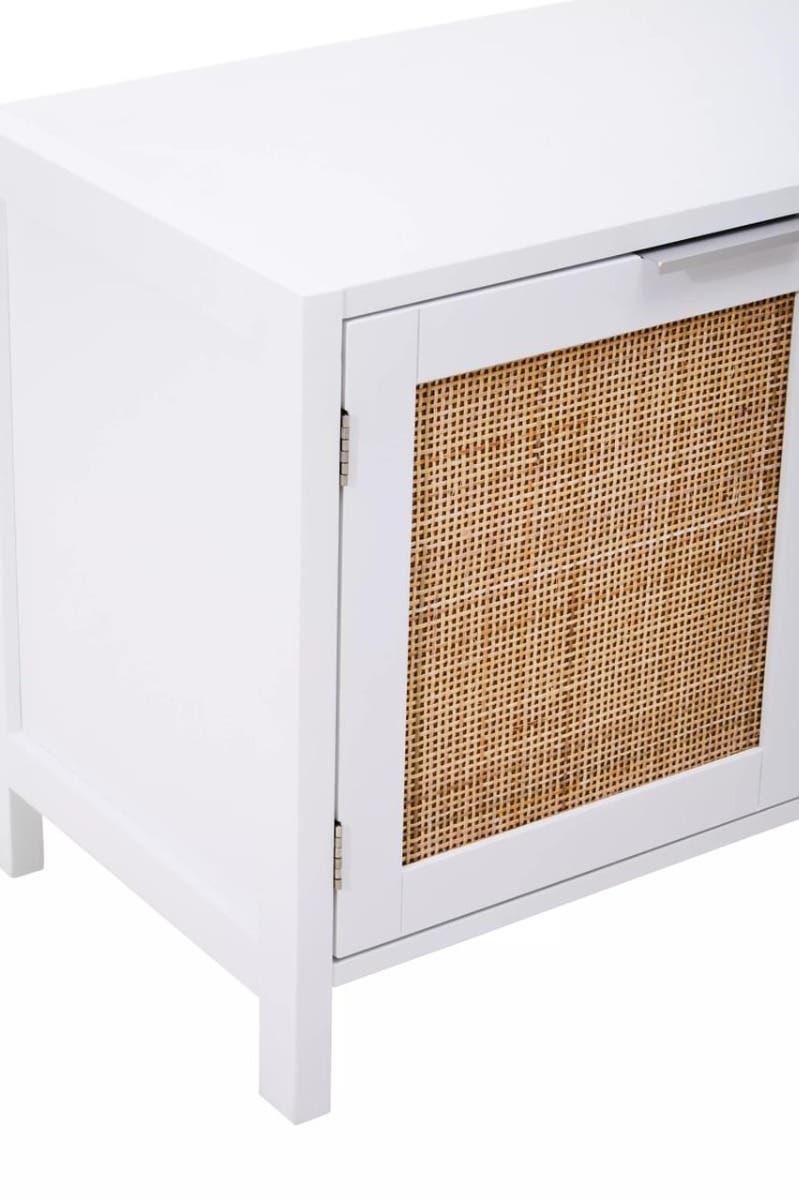 White sideboard cabinet with rattan door panel, shown from front angle