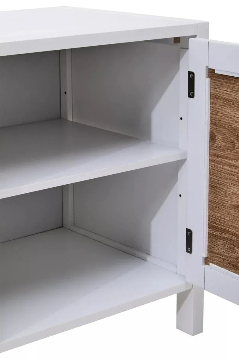 White storage cabinet with open door showing two interior shelves and wood accent panel