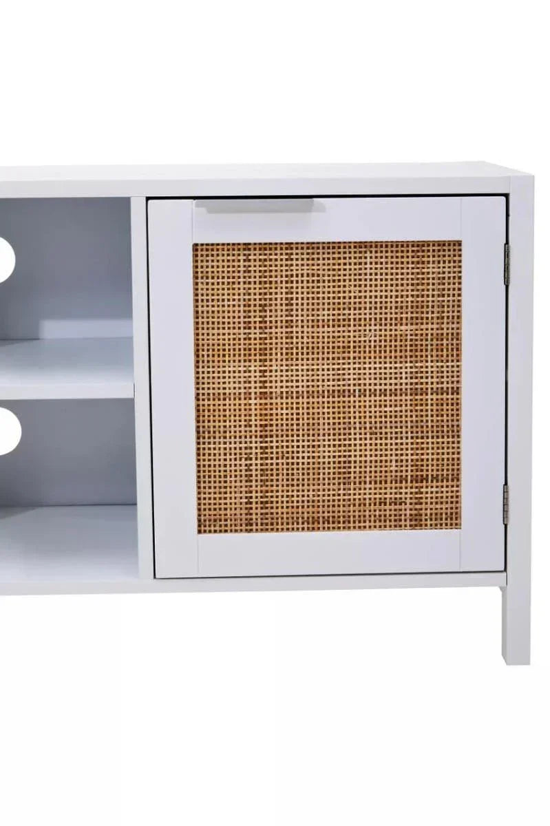 White sideboard with rattan cabinet door and open shelving, close-up on right side