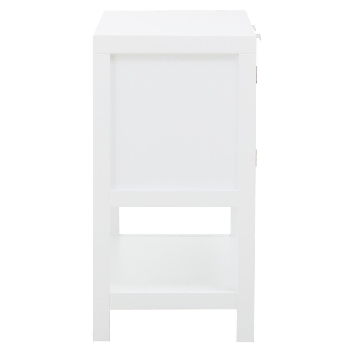 White wood and rattan side cabinet featuring two drawers, a lower open shelf, and a sleek, modern design. The cabinet has a clean finish and simple lines, making it suitable for various home decor styles