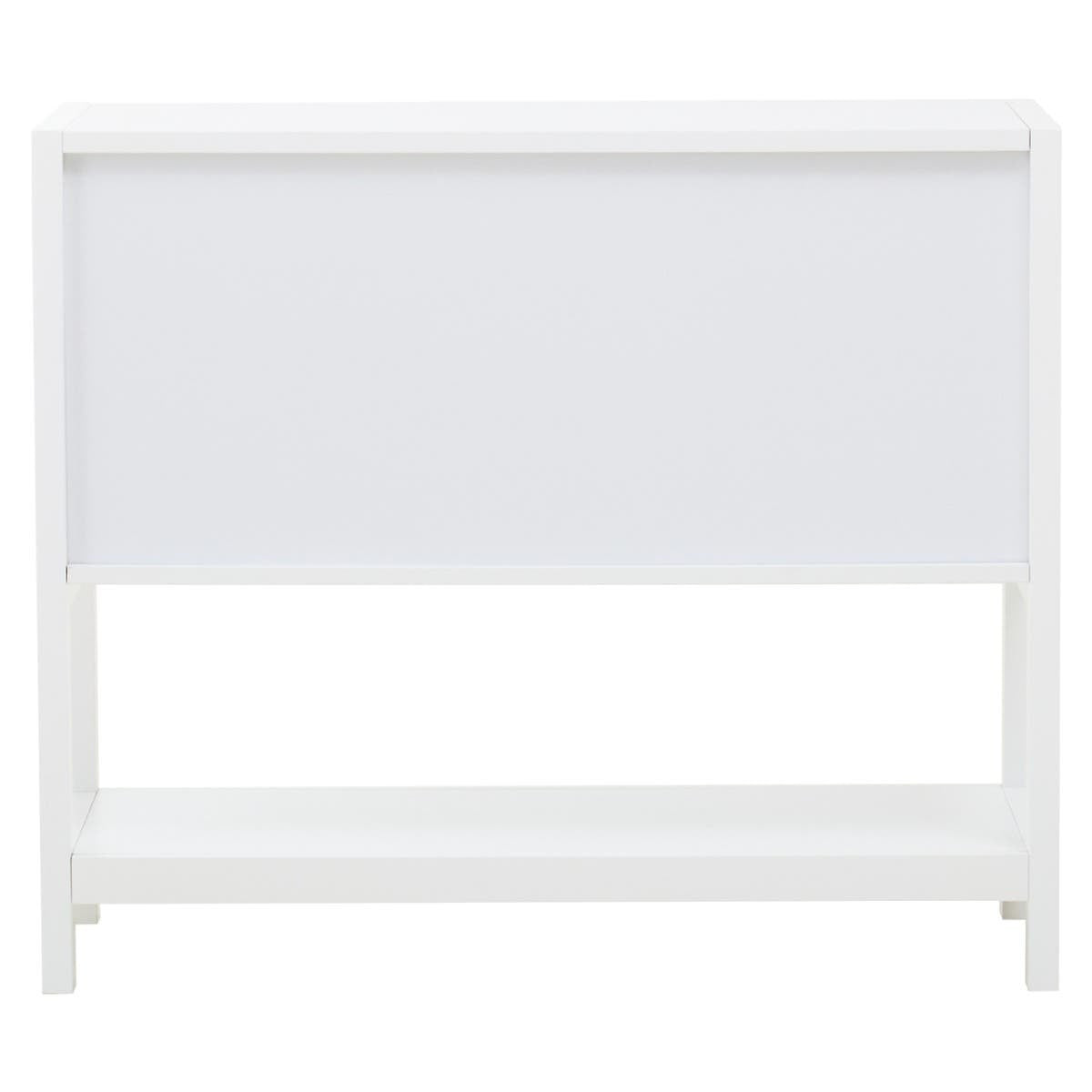 White wooden side cabinet featuring two rattan drawers, a smooth top surface, and a minimalist design with clean lines and a spacious open shelf at the bottom