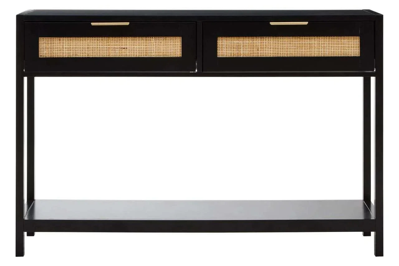Black console table with rattan drawers and lower shelf, front view