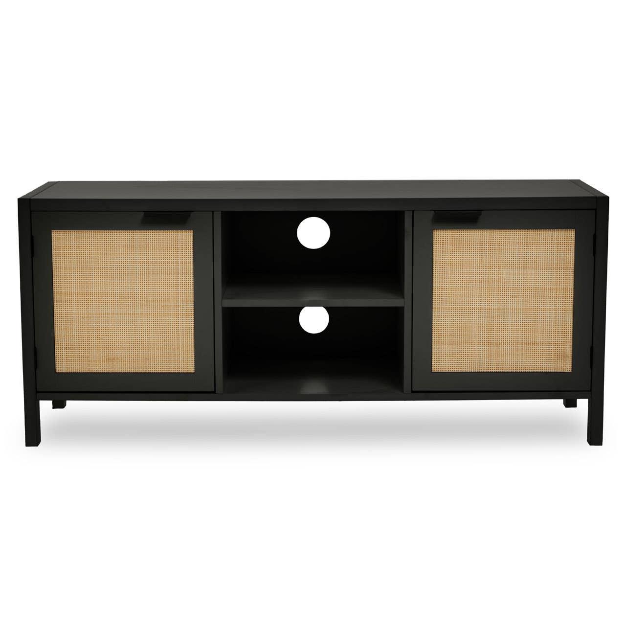 Black TV unit with rattan doors and two open shelves for media storage