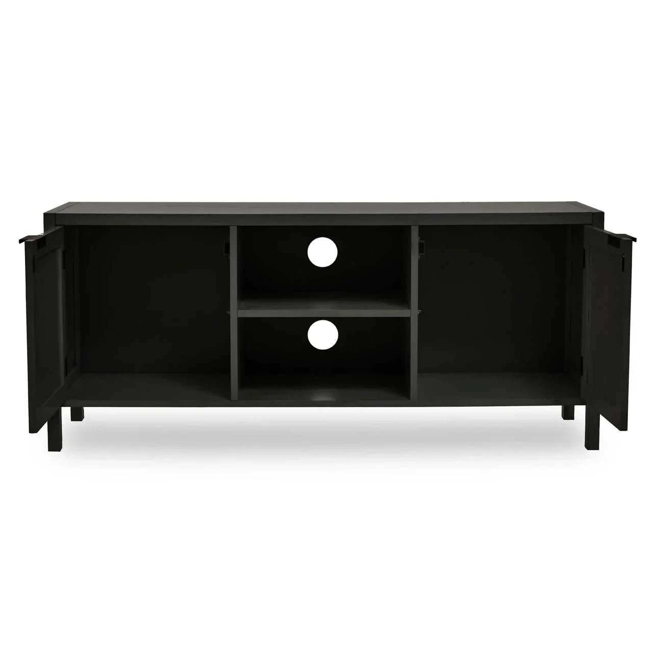 Black sideboard with open storage shelves, cable holes, and two side doors
