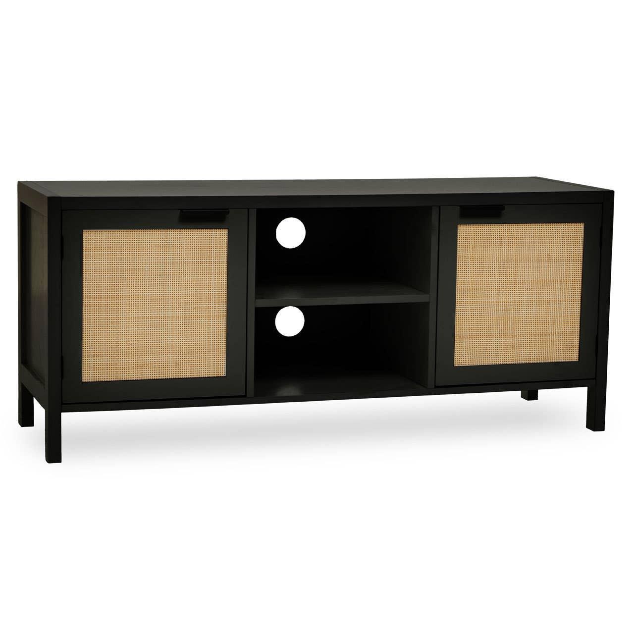 Black TV unit with rattan doors and open central shelving