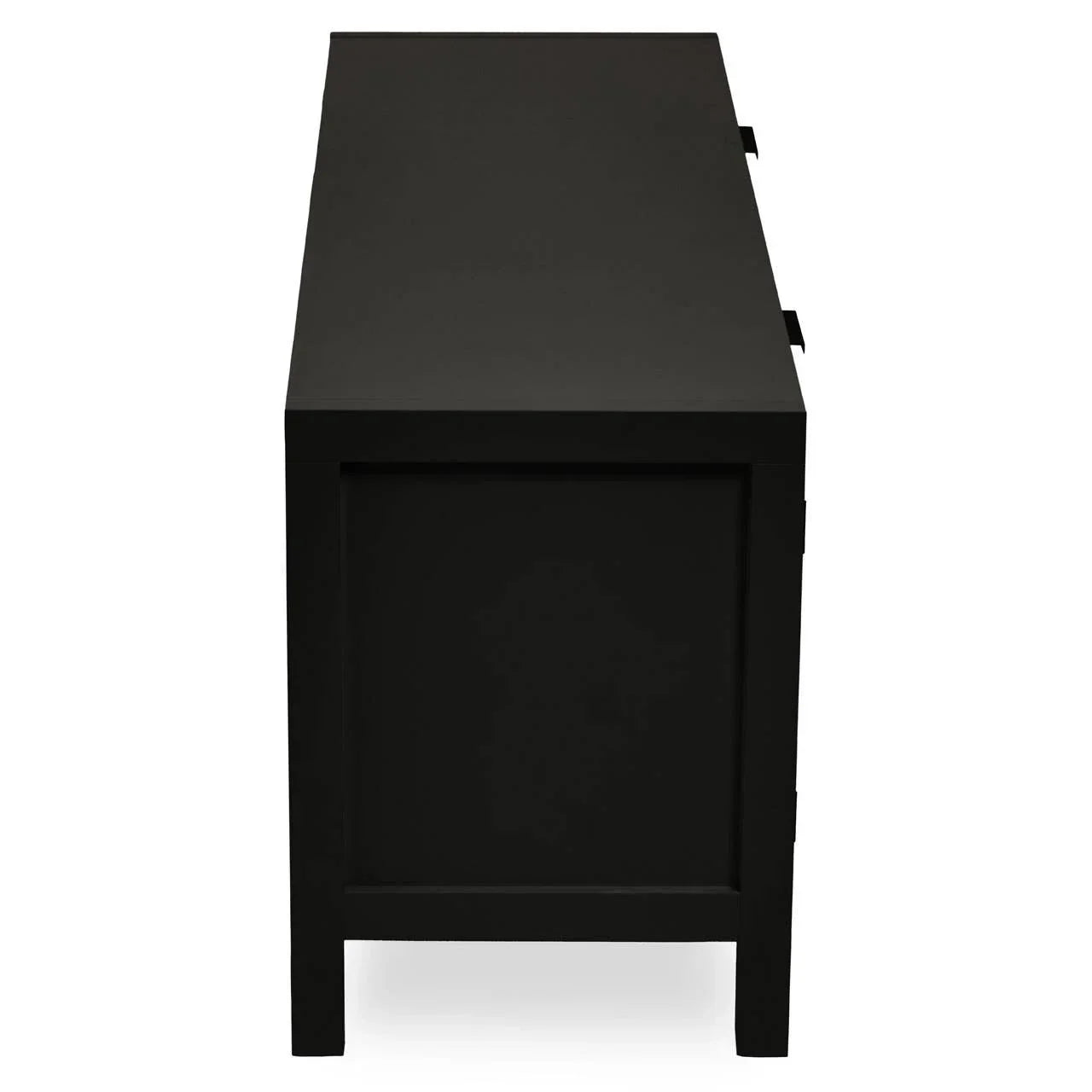 Side view of black wooden sideboard with panel detail and straight legs
