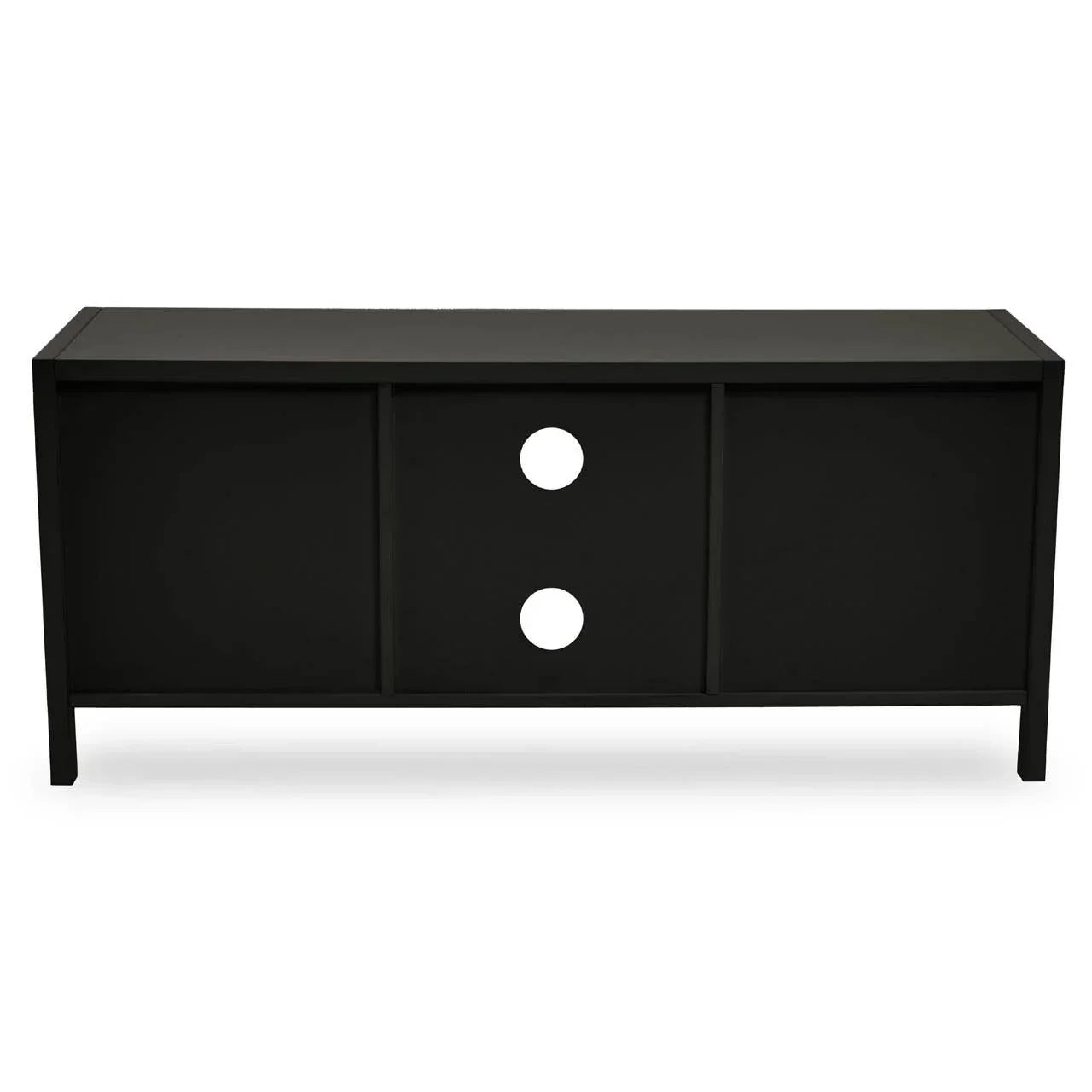 Black sideboard cabinet with sliding doors and circular cut-out handles, front view