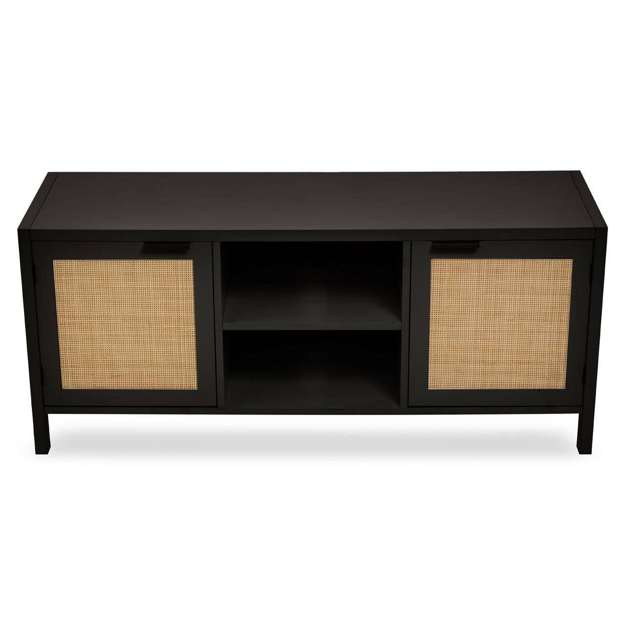 Black wooden TV unit with rattan cabinet doors and open shelving, front view