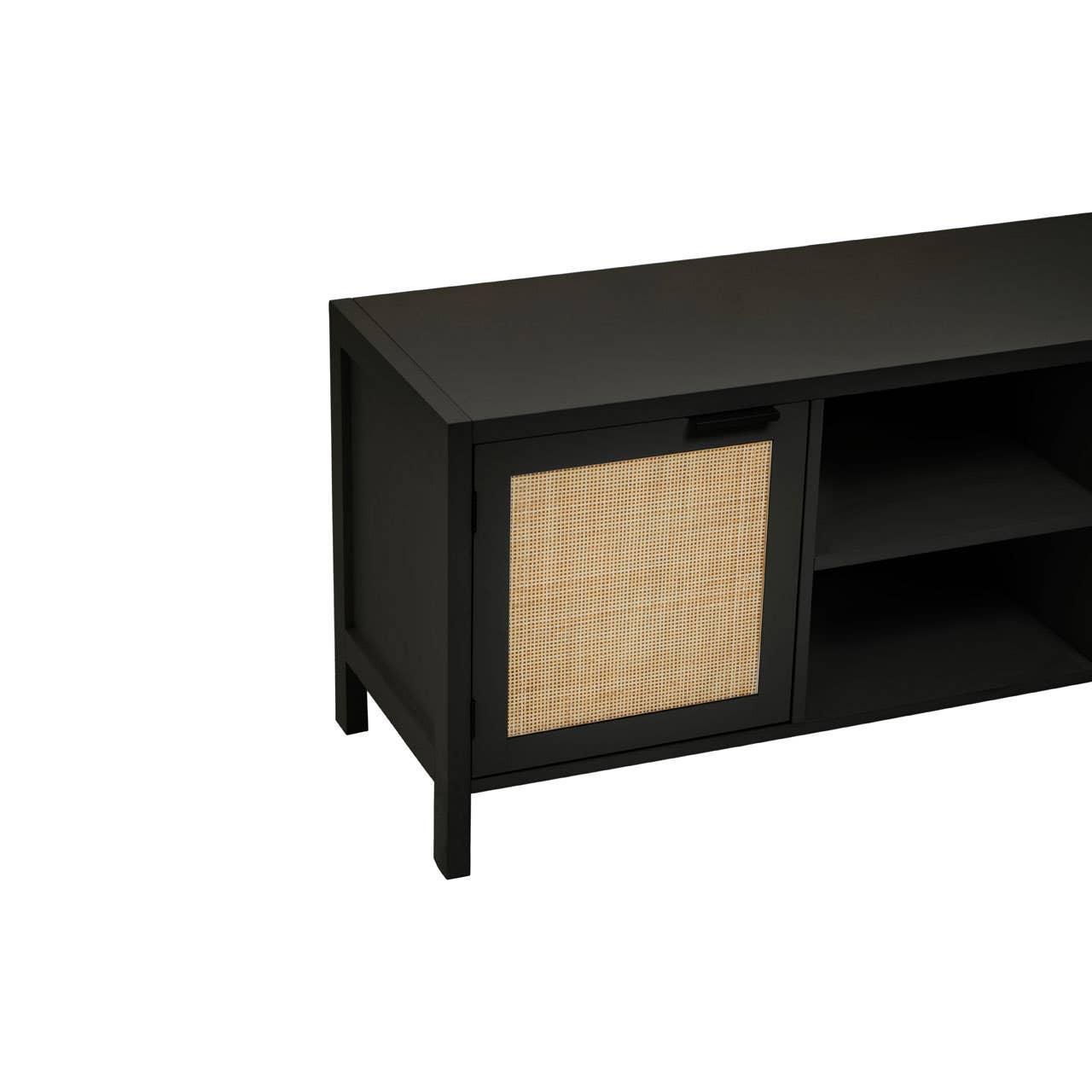 Black wooden TV unit with rattan cabinet door and open shelving, angled side view