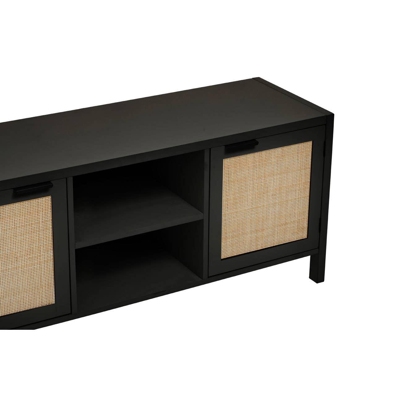 Black TV unit with natural rattan panel doors and open shelving, angled front view