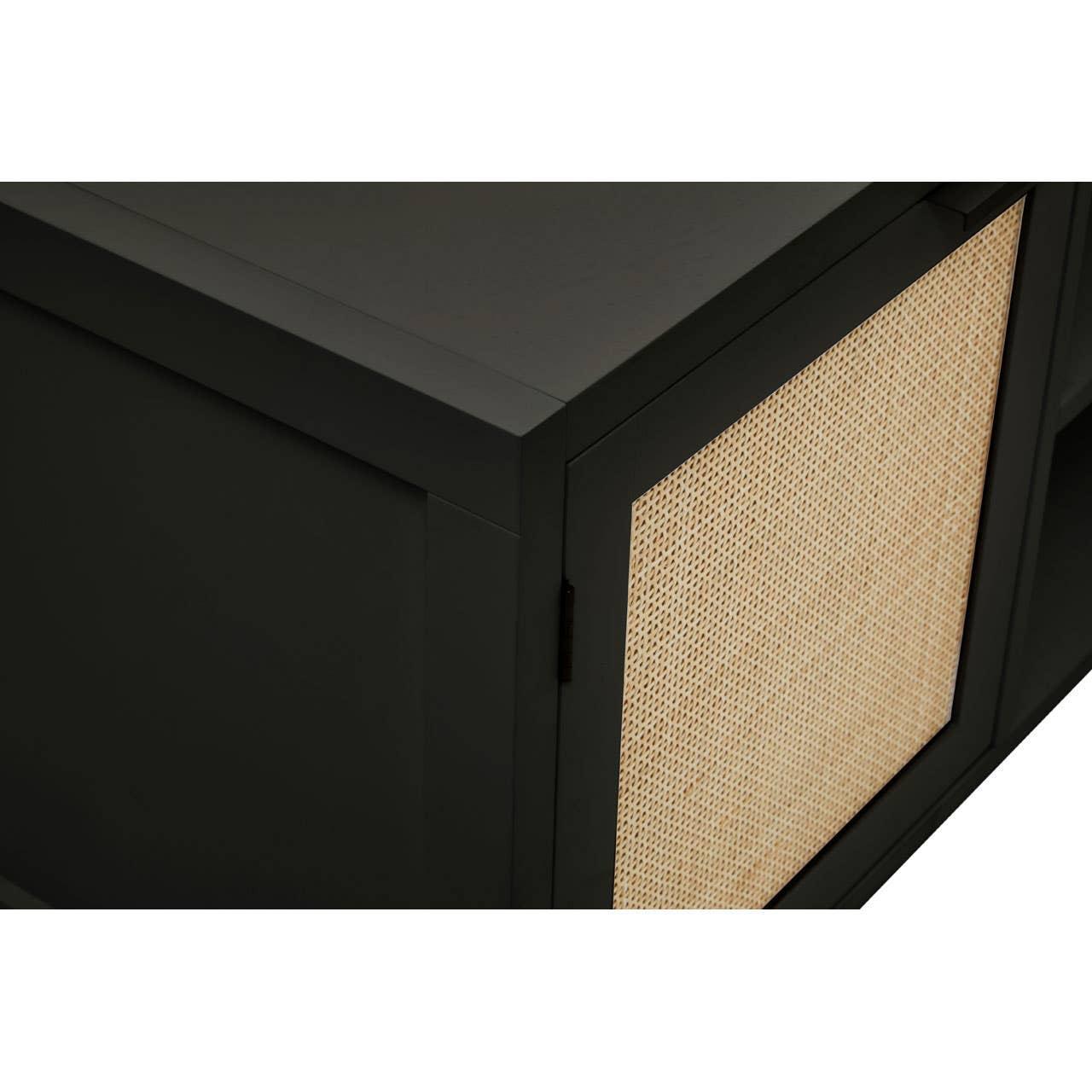 Black sideboard cabinet with natural rattan door panel, close-up of corner and texture