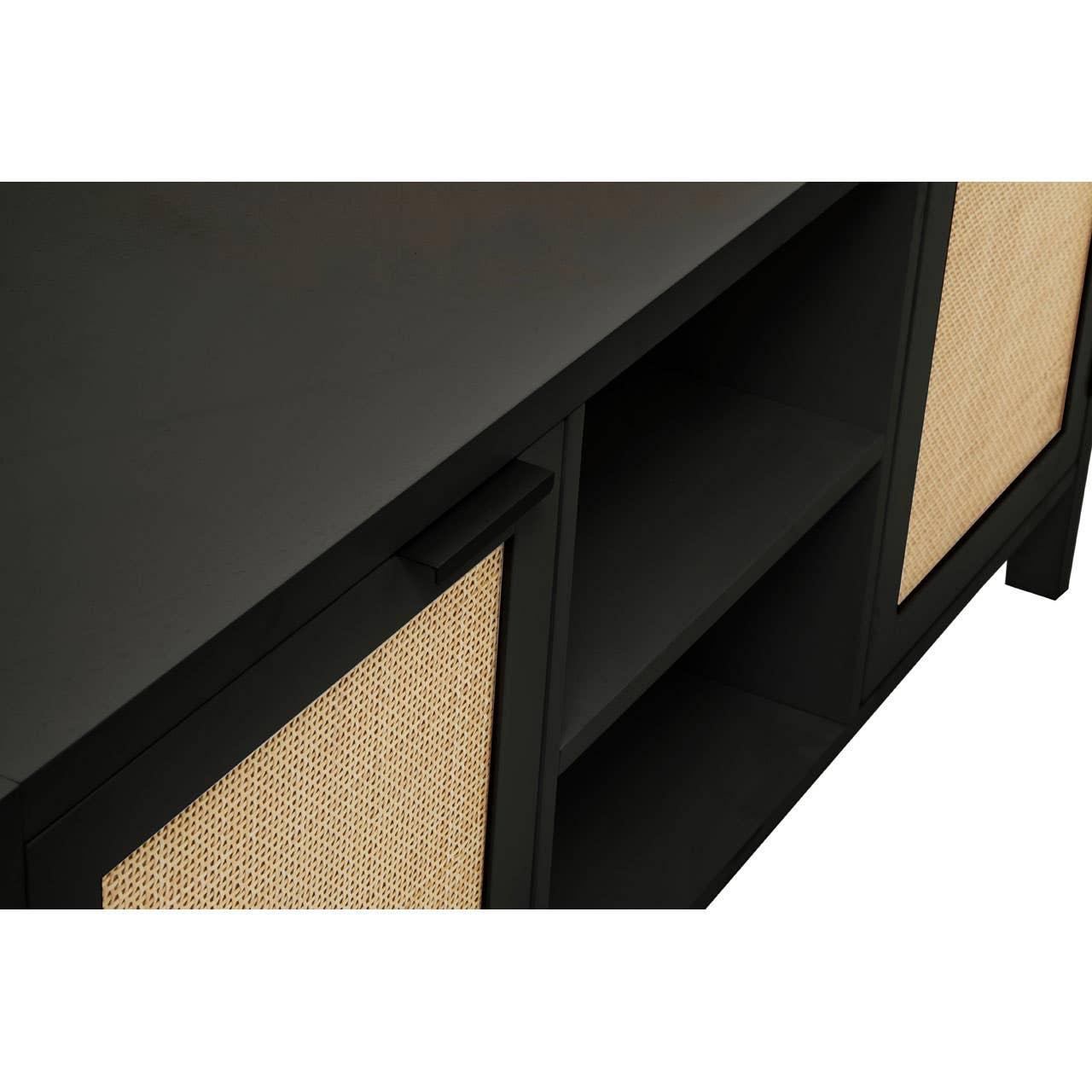 Black TV unit with rattan cabinet doors and open shelving, close-up on corner