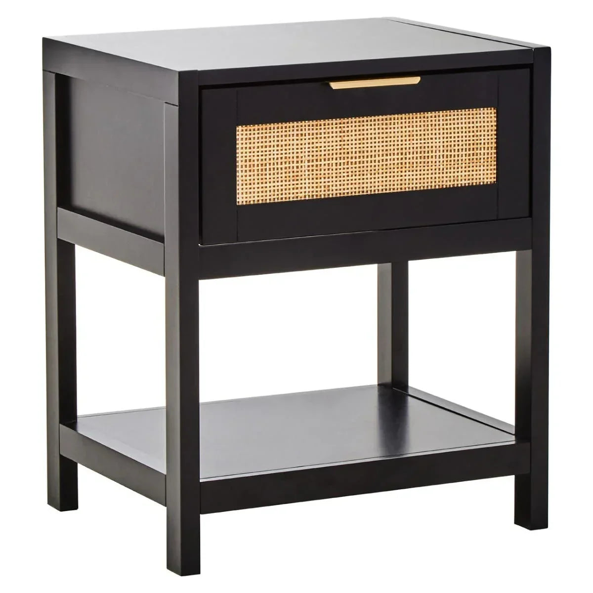 Black wooden bedside table with rattan drawer front and lower shelf