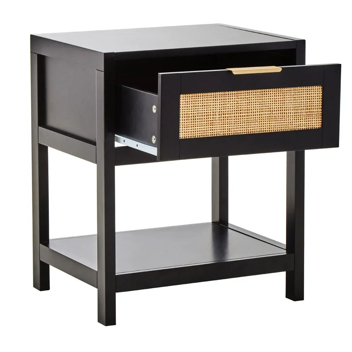 Black bedside table with open rattan drawer and lower shelf, angled front view