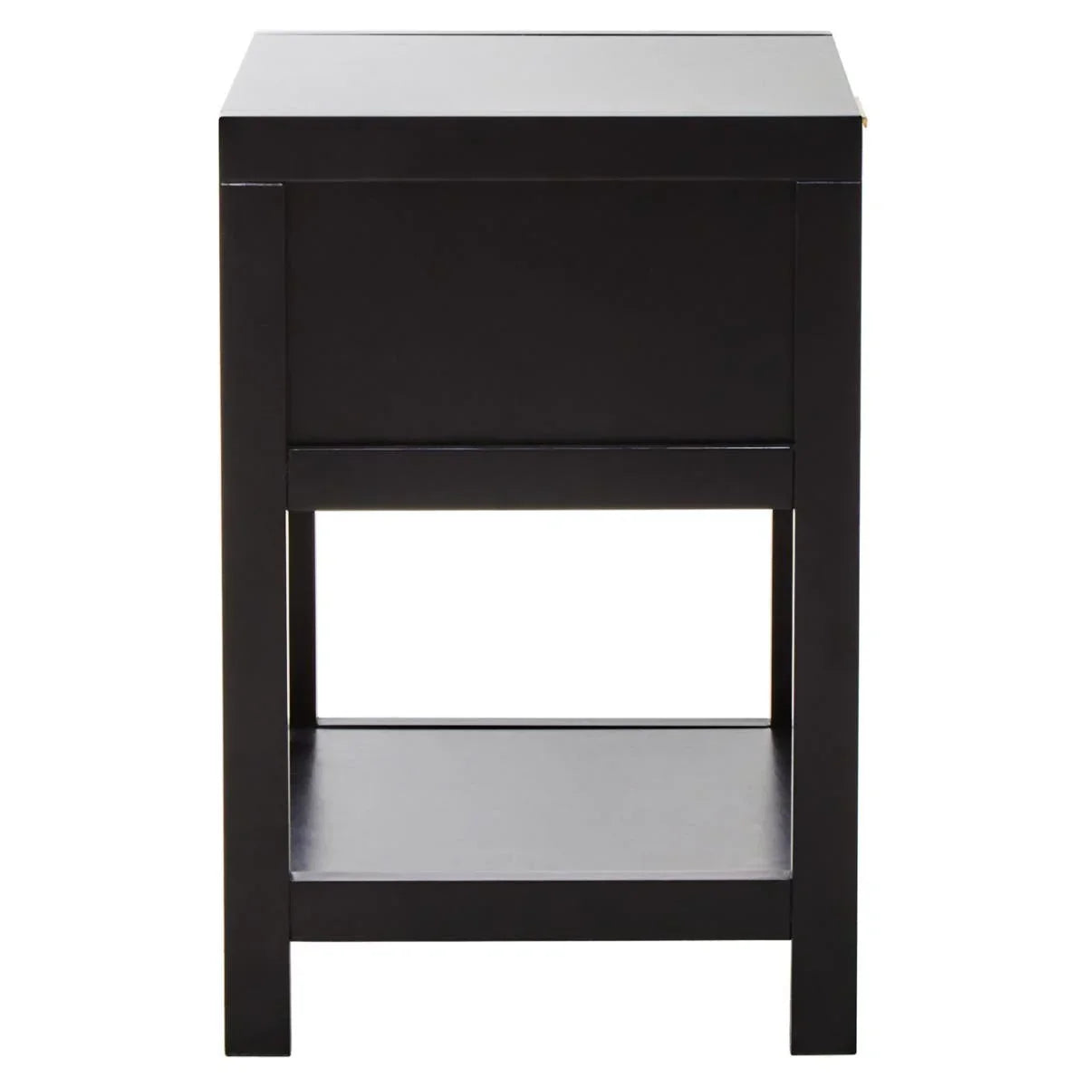Black wooden side table with single lower shelf and clean square edges