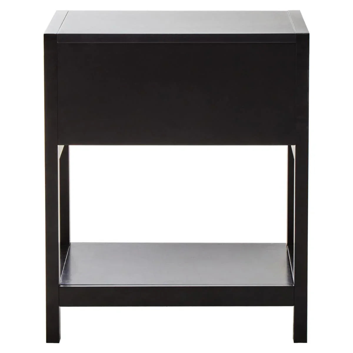 Black wooden bedside table with lower shelf and clean modern lines, front view