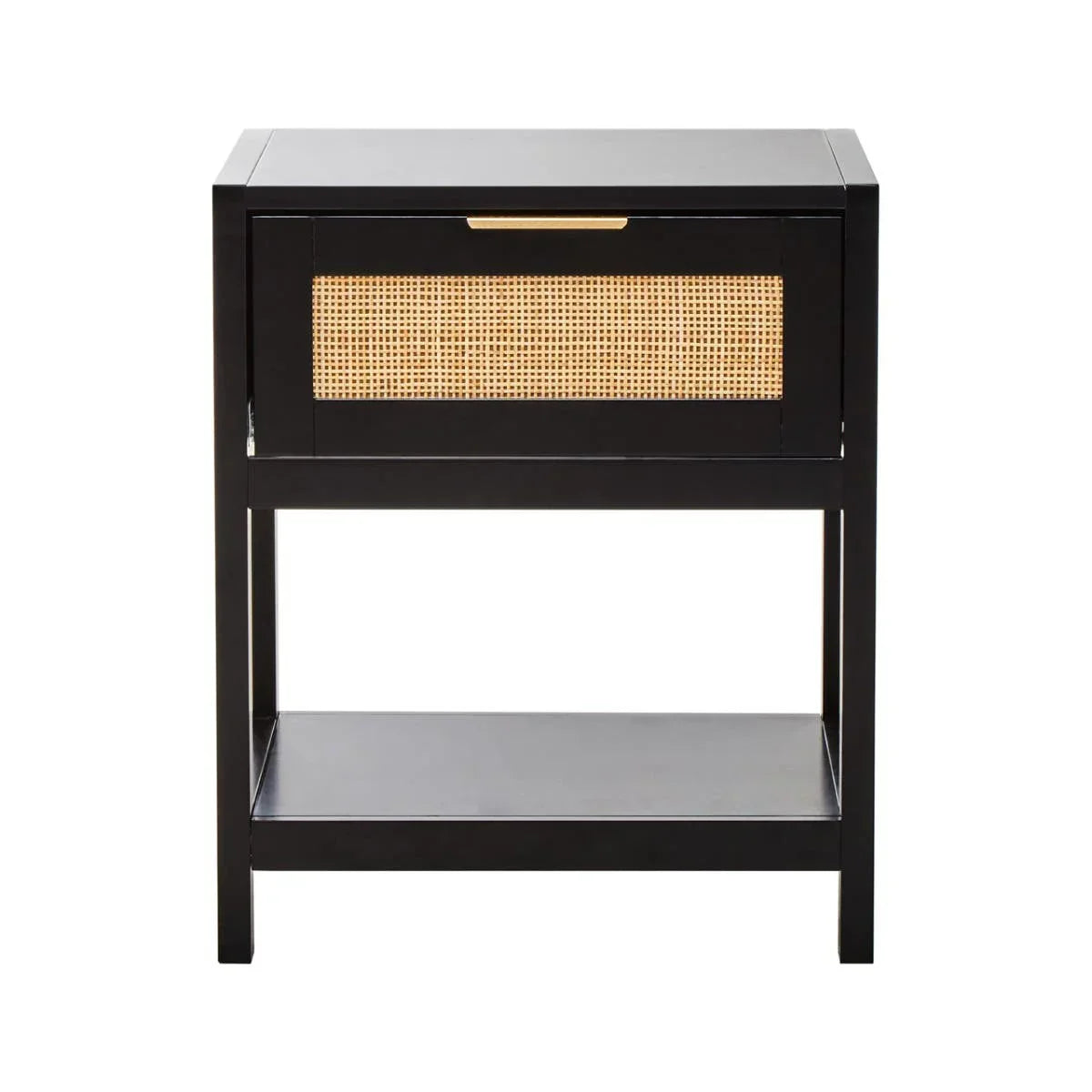 Black bedside table with woven rattan drawer front and open lower shelf