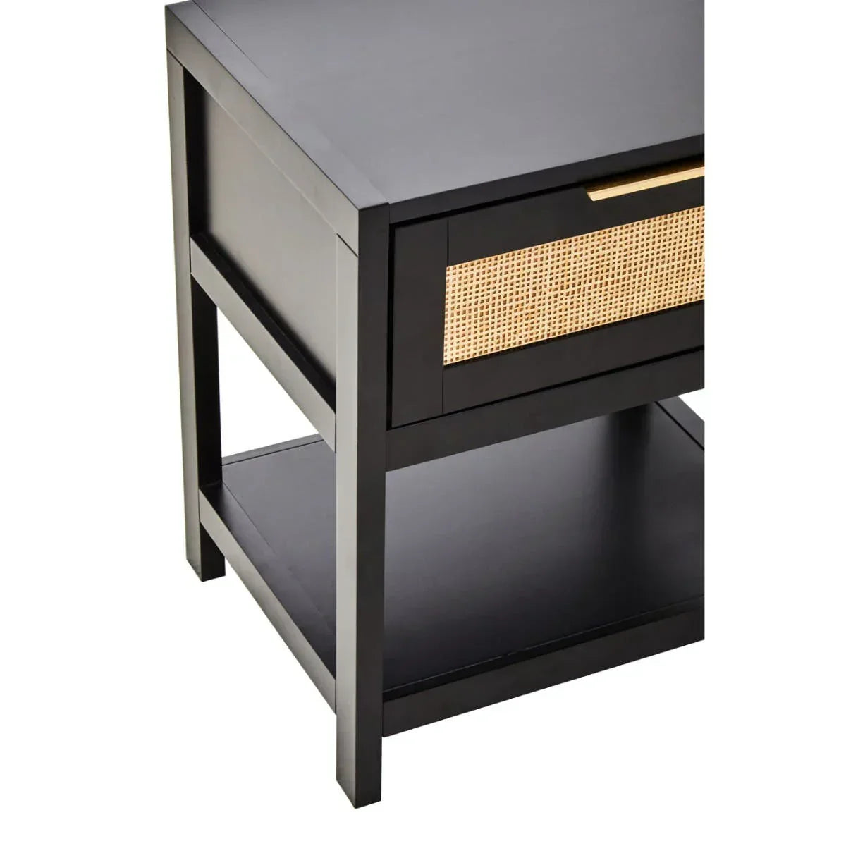 Black bedside table with rattan drawer front and lower shelf, angled corner view