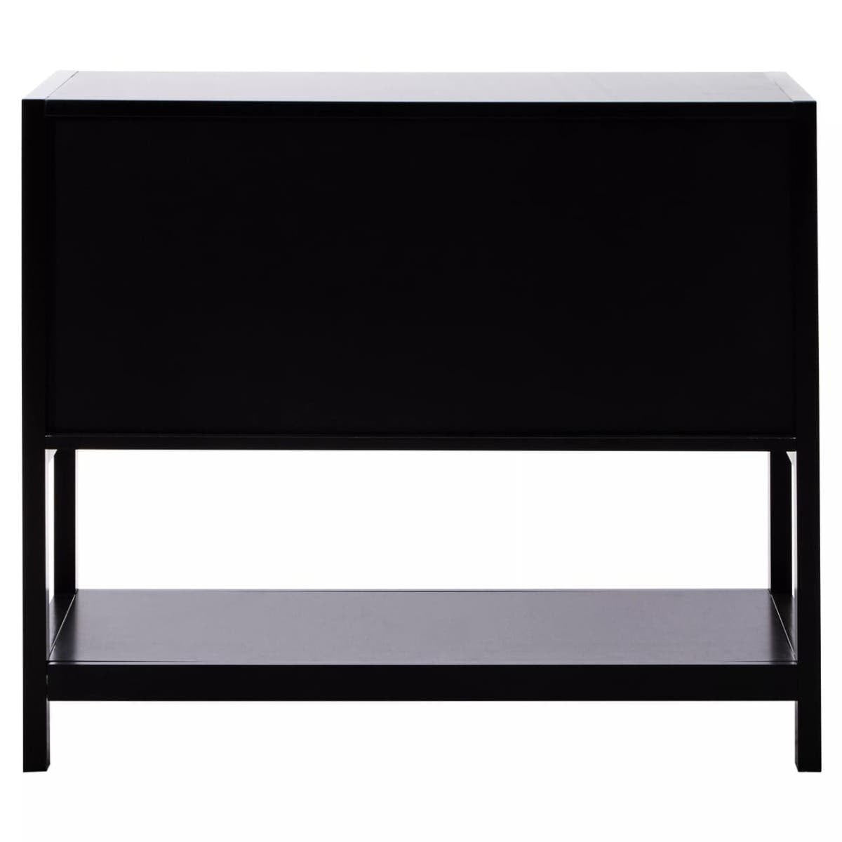 Black wood and rattan two-door side cabinet featuring a sleek design with a flat top surface, two doors with rattan detailing, and an open shelf at the bottom for additional storage or display. The cabinet stands on four slender legs, providing a modern aesthetic suitable for various home decor styles