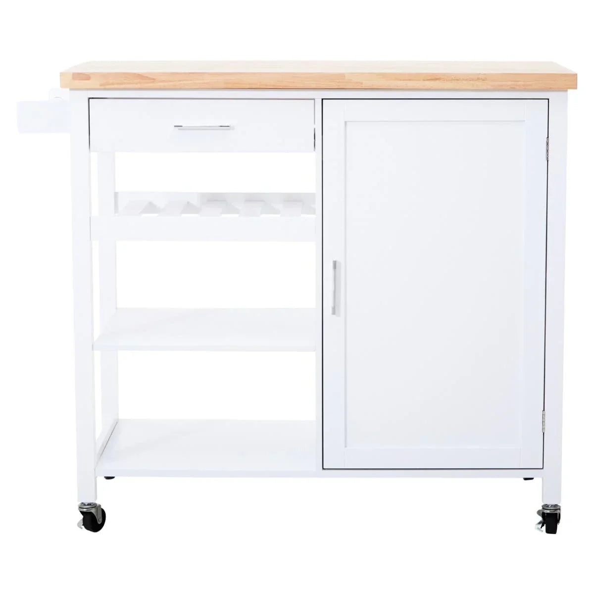 White kitchen trolley with wooden top, drawer, wine rack, shelves and cupboard on wheels