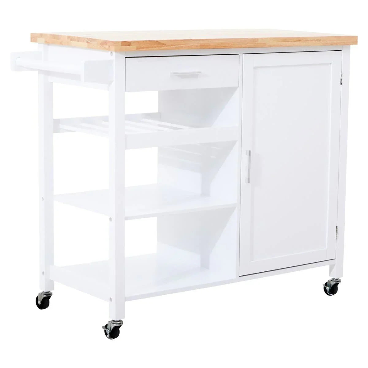 White kitchen trolley with wooden top, drawer, open shelves, cupboard and wheels