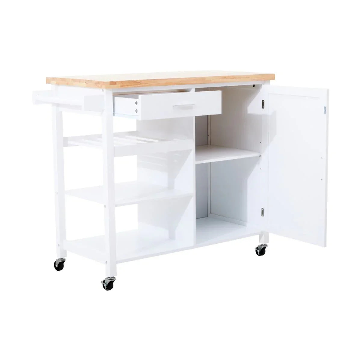 White kitchen trolley with wooden top, open cabinet, shelves, drawer and caster wheels