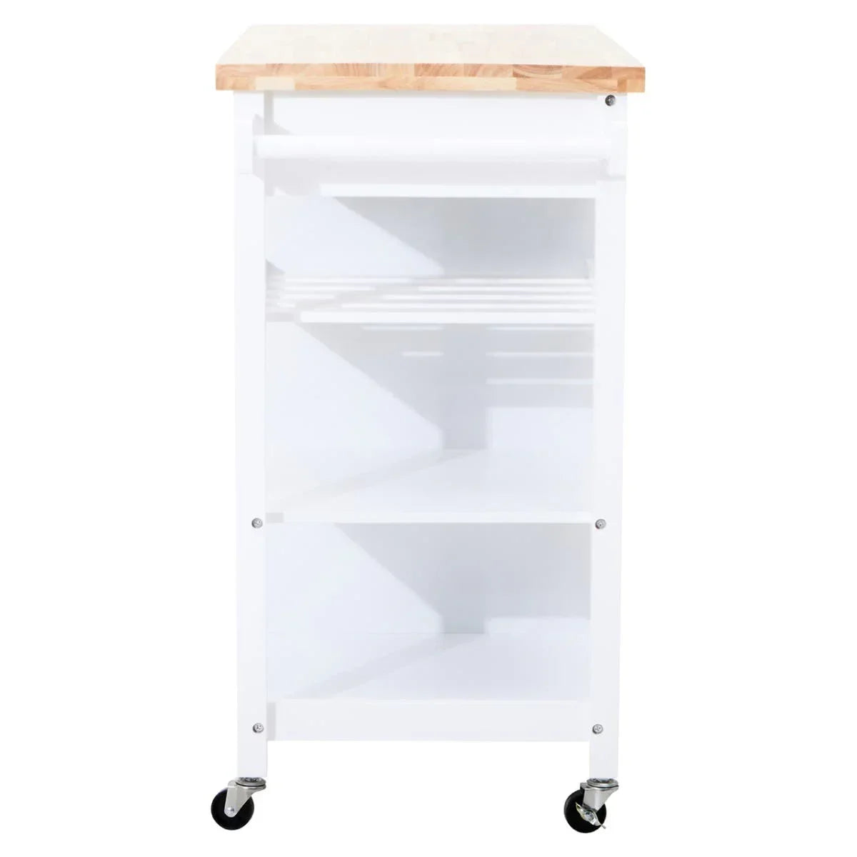 White kitchen trolley with wooden top, open shelves, towel rail, and caster wheels front view