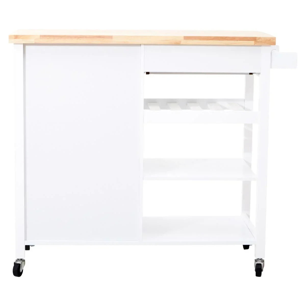 White kitchen trolley with wooden top, open shelves, sliding door and caster wheels