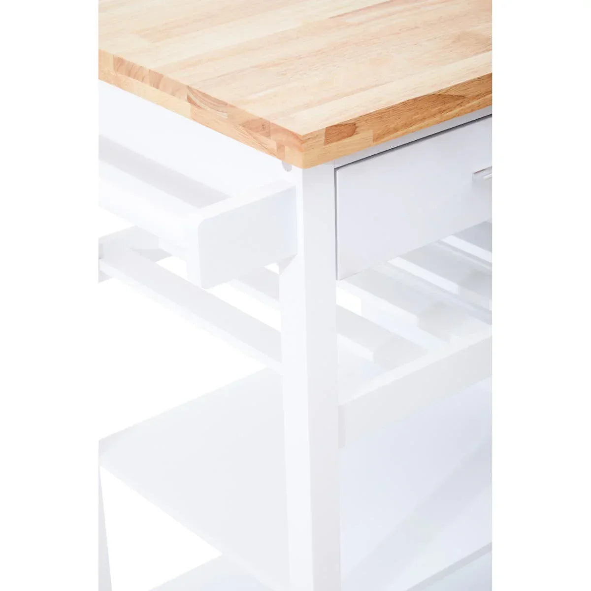 Wood top kitchen island with white frame, drawer, and lower shelves, side view