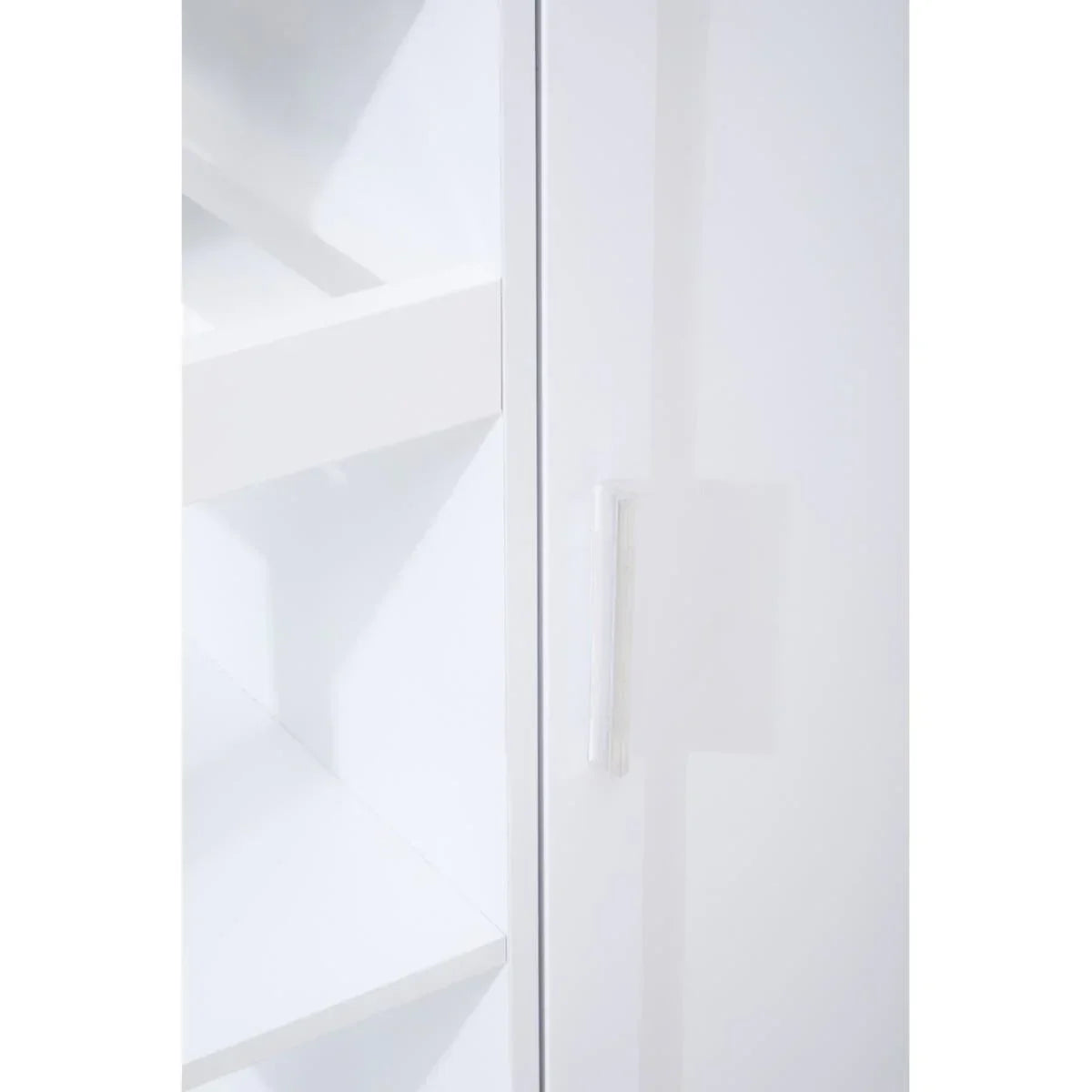 White storage cabinet close-up showing corner shelves and sleek vertical handle