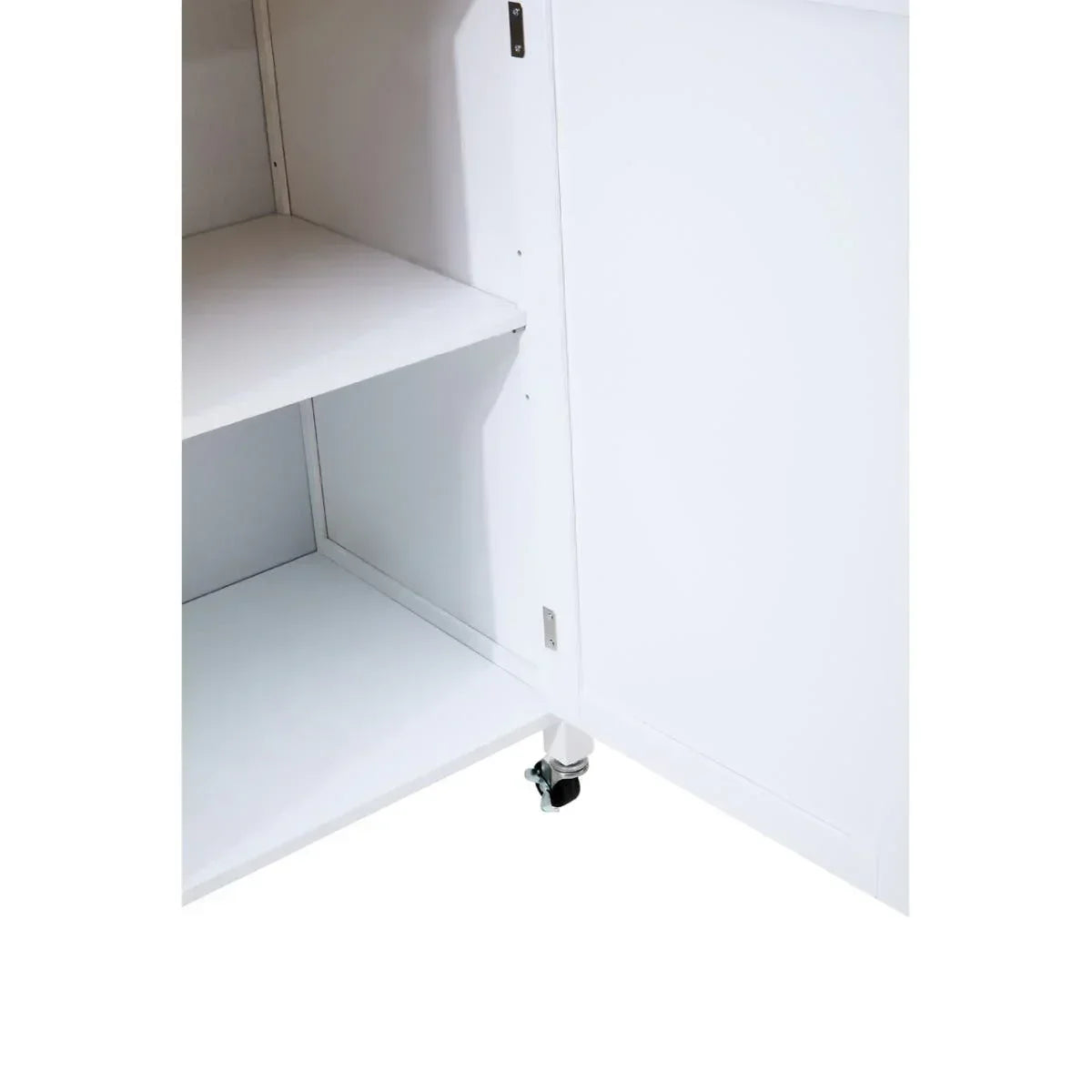 White shelving unit with interior storage shelves and a caster wheel base