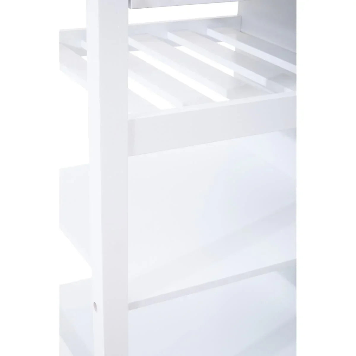 White wooden shelving unit close-up showing slatted and solid shelf levels