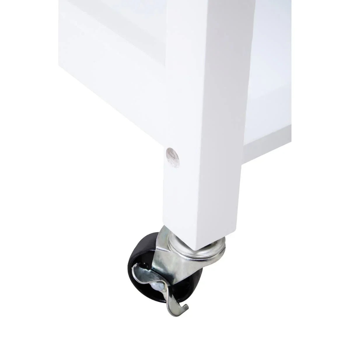 White furniture leg with black locking caster wheel close-up