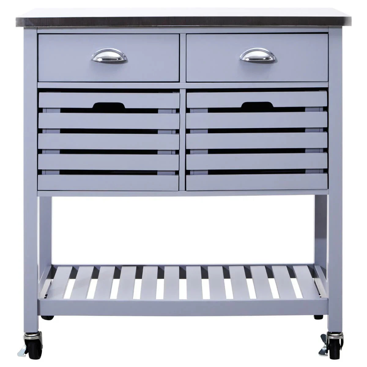 Grey kitchen trolley with two drawers, four slatted baskets and lower shelf on castor wheels