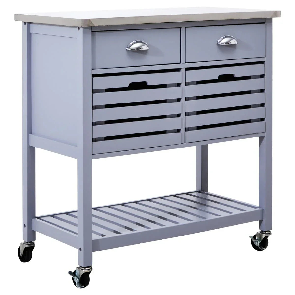 Grey kitchen trolley cart with stainless steel top, drawers and slatted shelves on wheels
