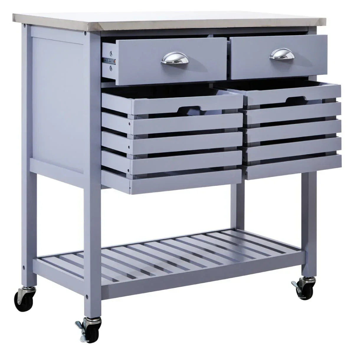 Grey kitchen trolley with two drawers, two slatted baskets and locking caster wheels