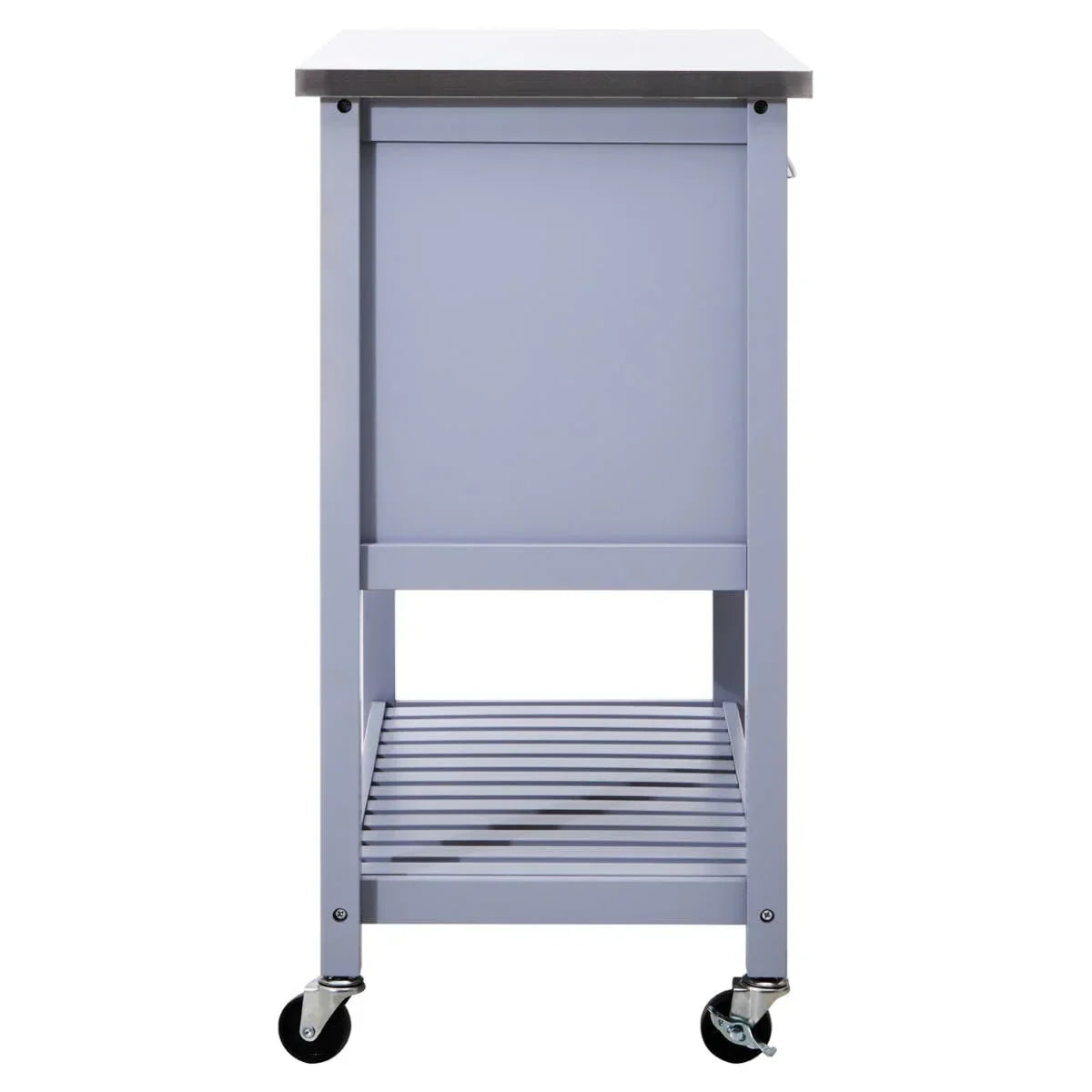 Side view of kitchen trolley with grey frame, slatted shelf, and wheels