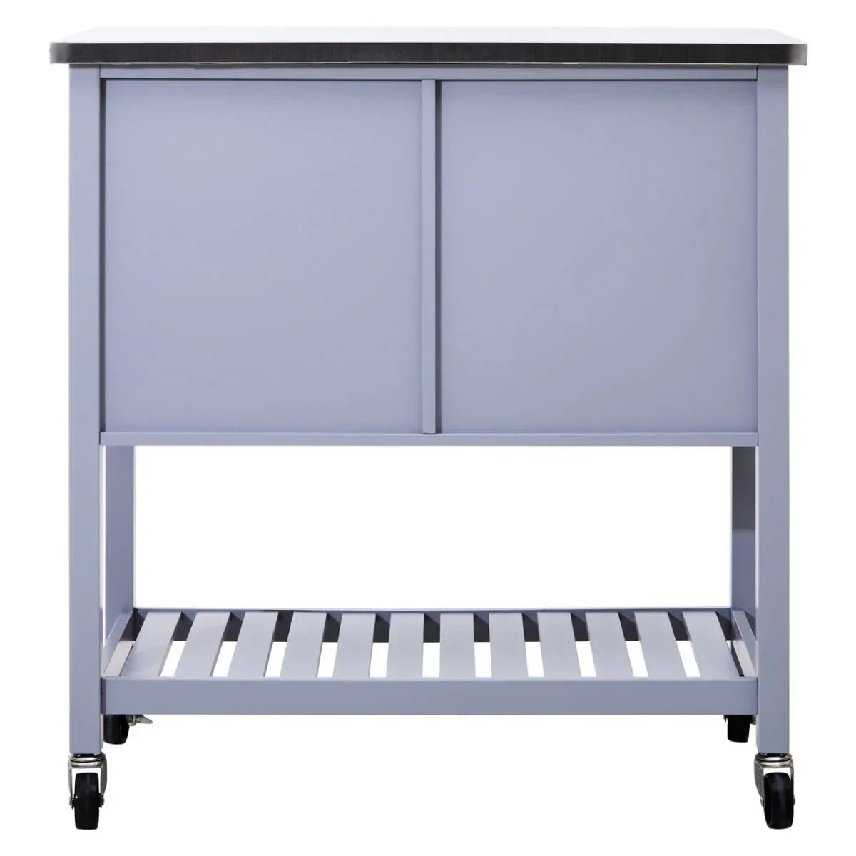 Grey kitchen trolley with black top, sliding doors, slatted shelf and caster wheels