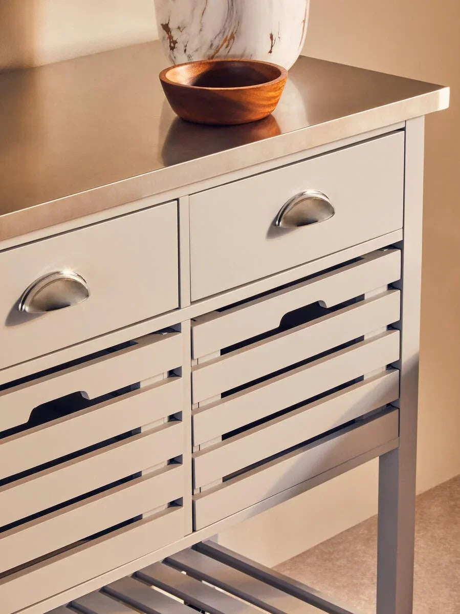 Modern sideboard with stainless steel top, slatted storage drawers and metal handles