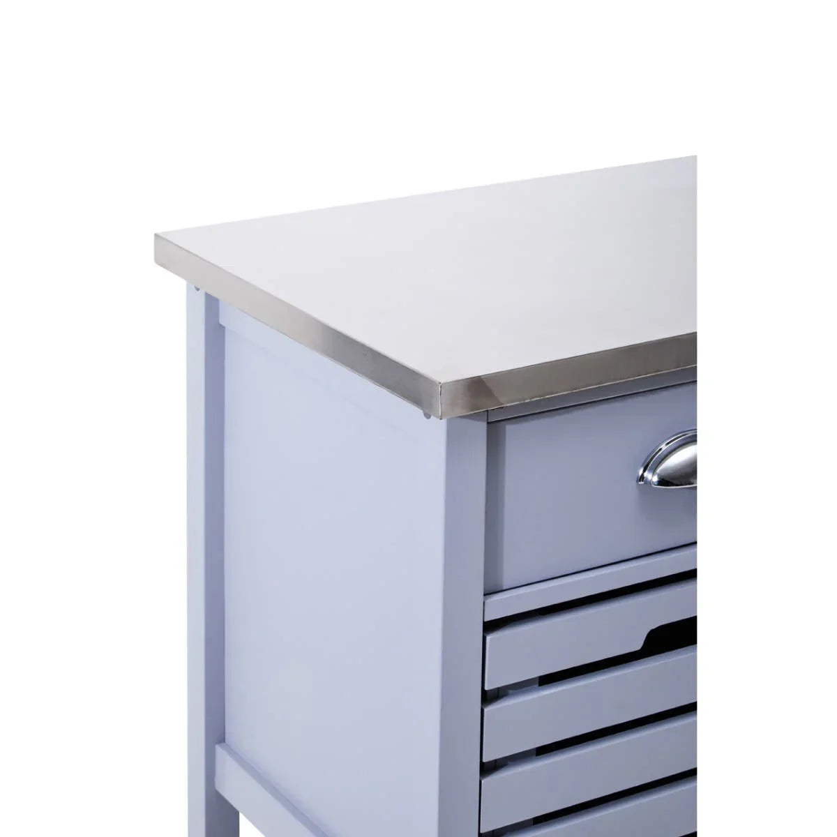 Close-up of kitchen trolley with stainless steel top and light blue wooden drawers