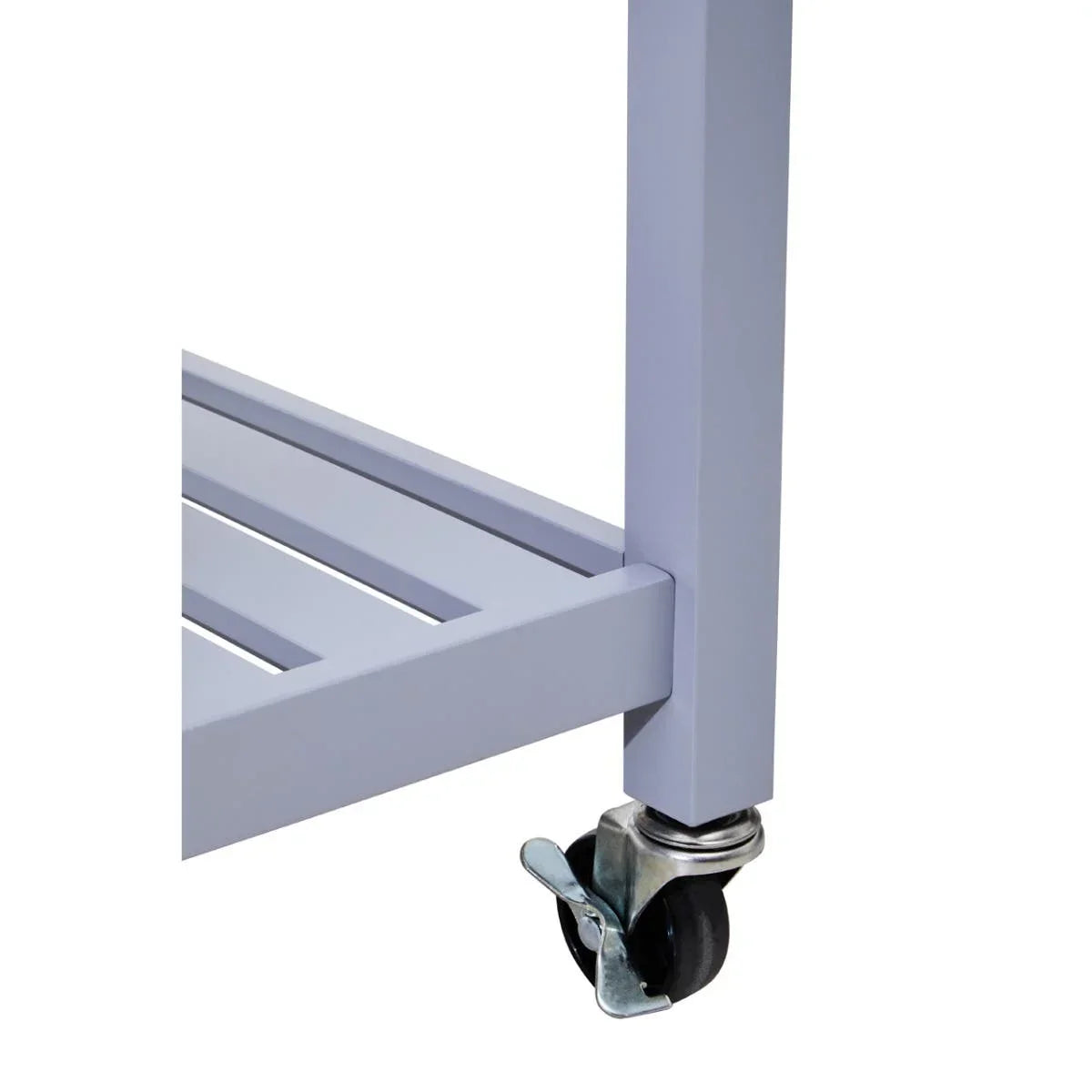 Close up of metal furniture leg with caster wheel and slatted shelf in soft grey finish