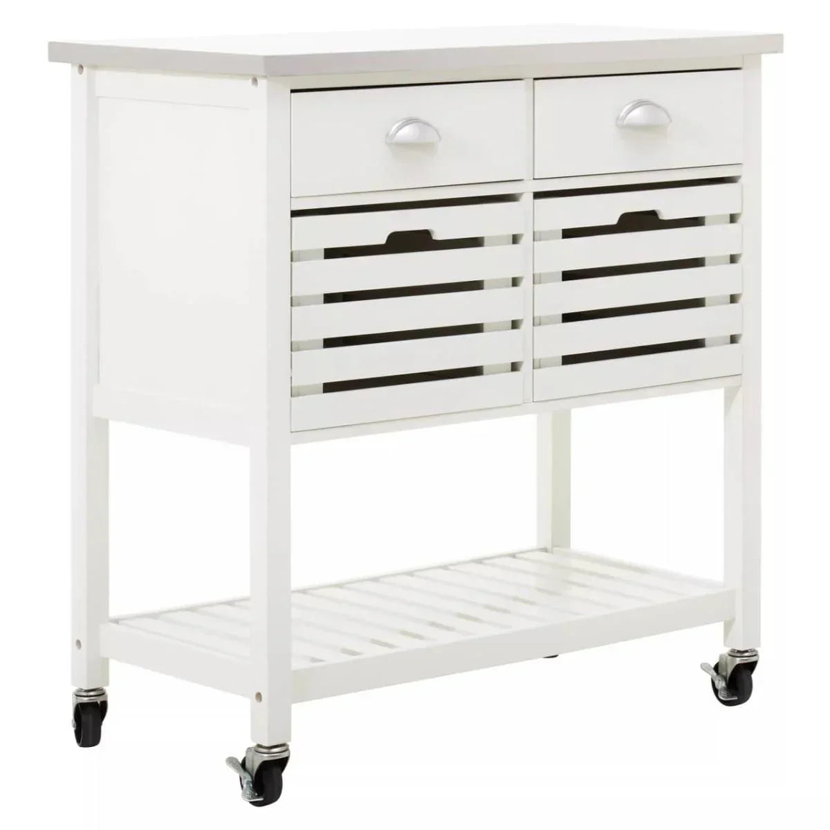 White kitchen trolley with two drawers, slatted shelves, and locking caster wheels