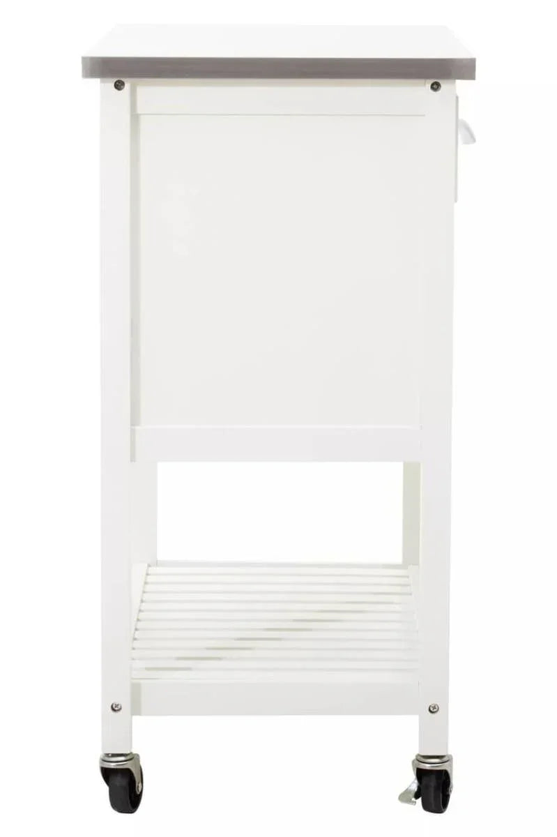 White kitchen trolley with metal top, side view showing shelf and caster wheels
